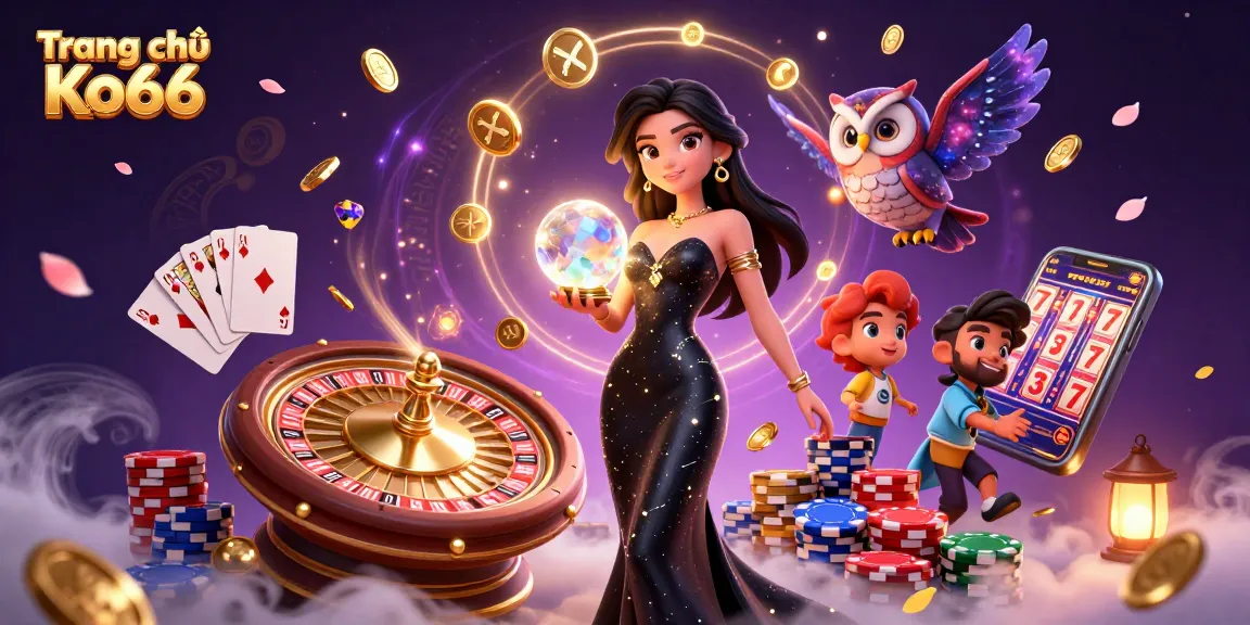 Win big at Trang chủ Ko66 with rich 3D casino art showcasing games, tokens, and characters.
