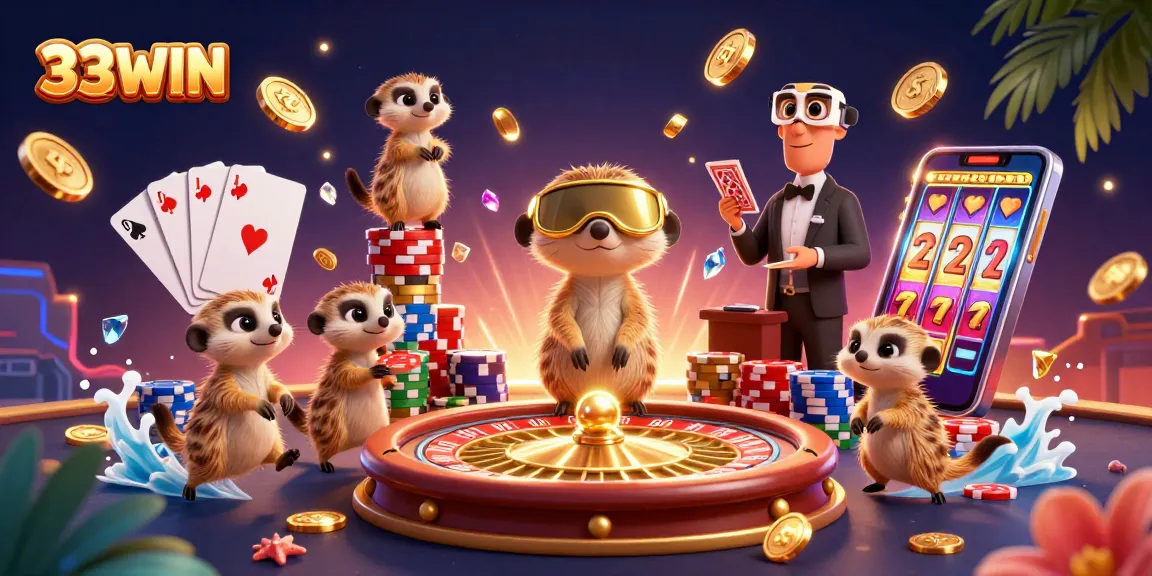 Experience thrilling wins at 33WIN with lively meerkats managing a vibrant casino scene.