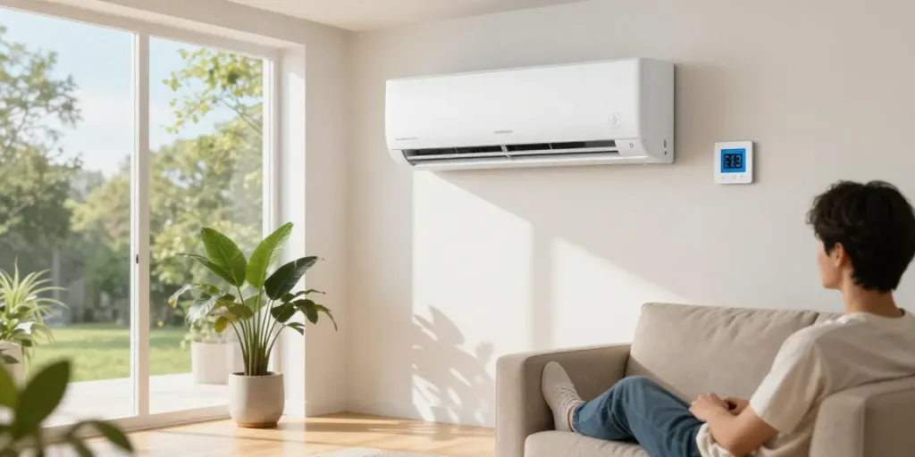 Klimaanlage zuhause im modernen Wohnzimmer, angenehme Temperaturen und frische Luft.