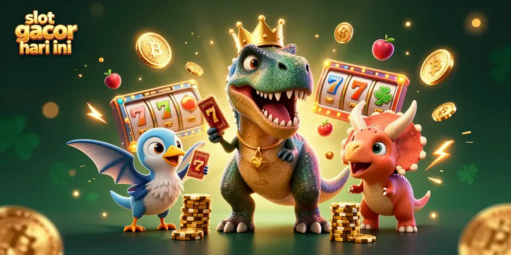 Slot gacor hari ini dengan karakter kartun Dinosaurus dan chip emas yang menarik dalam ilustrasi 3D.