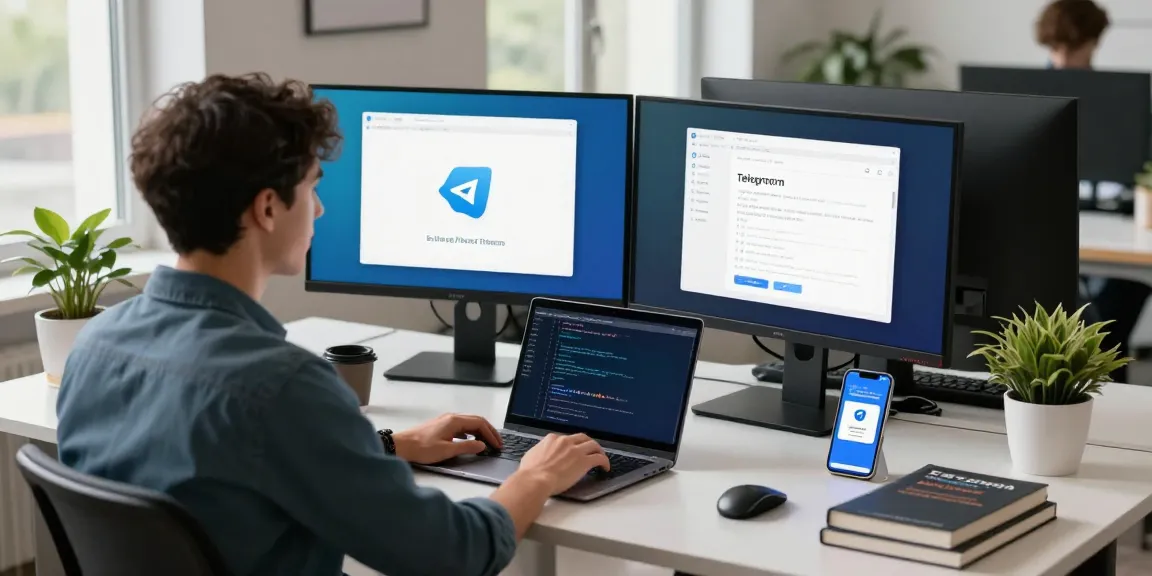 Experience Telegram download in a modern office setup with a developer utilizing dual monitors and a sleek laptop.