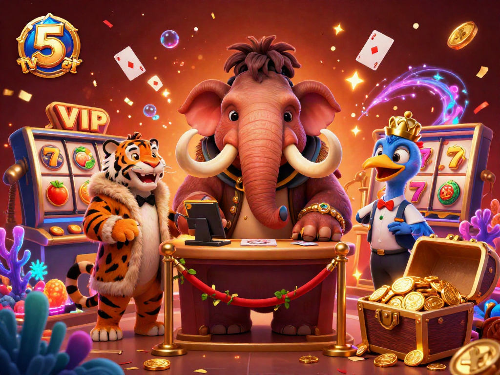 Experience vibrant action and excitement with tỷ lệ kèo nhà cái 5 win in this casino-themed illustration featuring unique characters and 3D game elements.