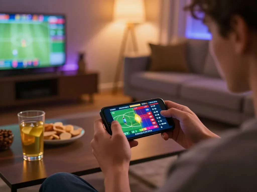 C168 smartphone user placing sports bets in a cozy home, highlighting strategic gaming decisions.
