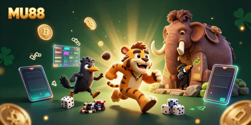 Experience MU88 with a vibrant 3D scene showcasing a caveman duo running a prehistoric casino filled with digital currency elements.