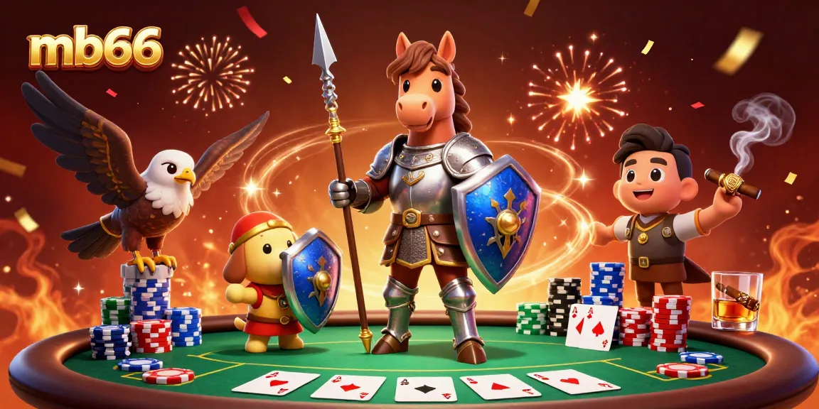 Experience poker excitement at mb66 with a knight, squire, and falcon in a festive casino scene.