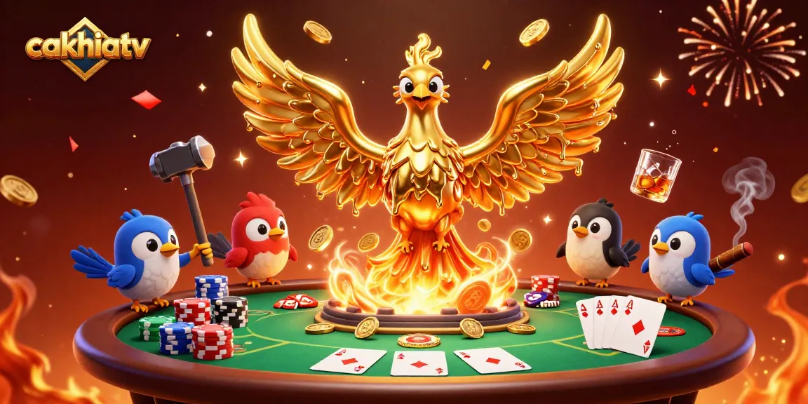 Experience thrilling moments on cakhiatv as the golden phoenix symbolizes victory in a vibrant gambling scene.