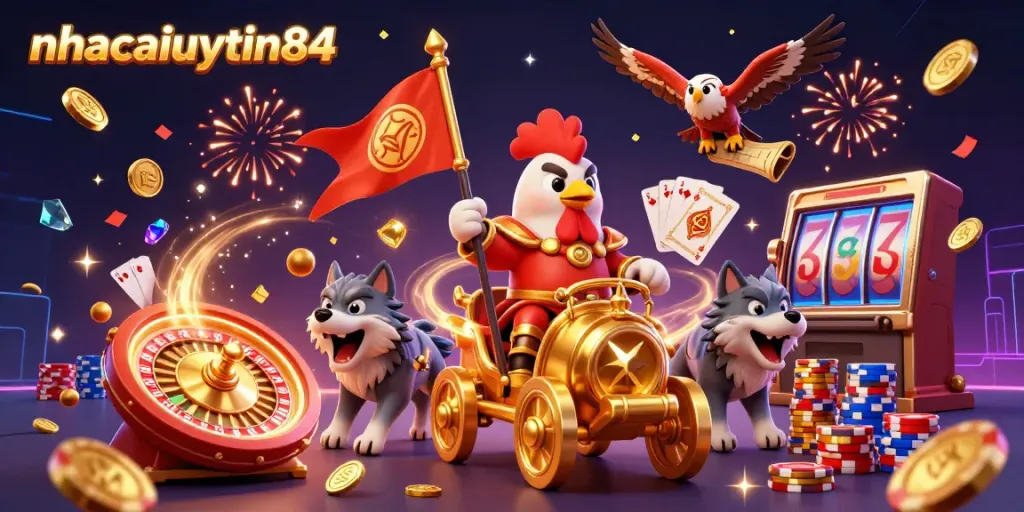 Experience thrilling gameplay at nhacaiuytin84 as a rooster warlord triumphs in a dynamic casino scene.
