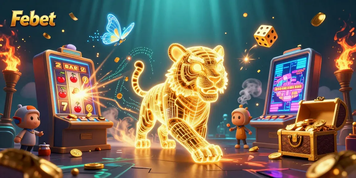 Experience thrilling gameplay and vibrant jackpots at Febet's dynamic casino with a golden tiger in motion.