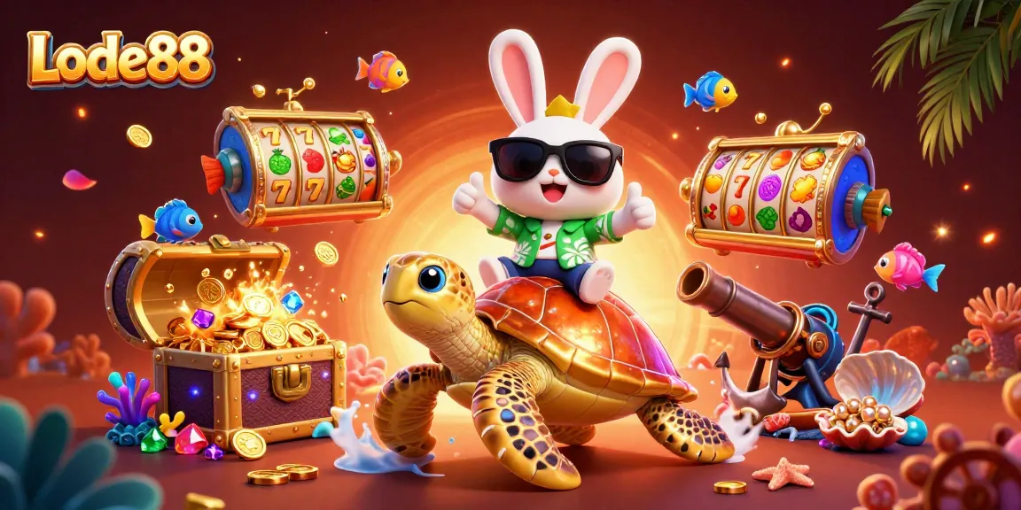 Lode88 brings thrilling fun as a lucky rabbit rides a golden sea turtle amidst dazzling casino treasures.