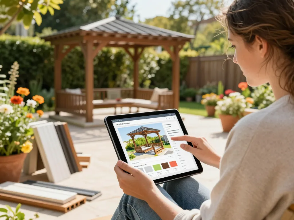 3D Pergola Konfigurator Schweiz, der anpassbare Optionen in einer sonnigen Außenumgebung zeigt.
