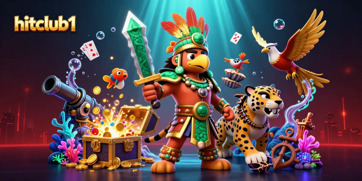Experience big wins with hitclub1's vibrant 3D casino-themed illustration showcasing exhilarating game elements.