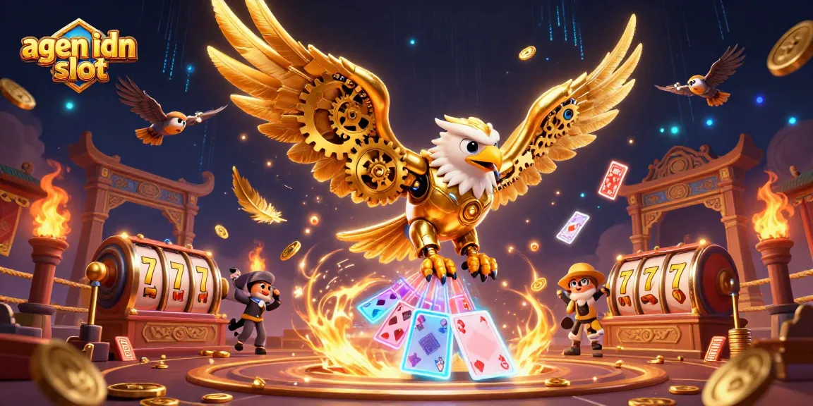 Mainkan agen idn slot dengan ilustrasi elang cybernetic dan elemen slot yang menarik.