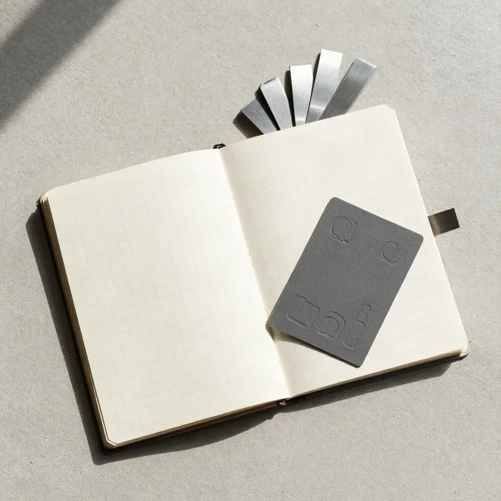 Typo-Sample, Farbchips und Grid-Buch auf hellem Beton, streng von oben arrangiert.