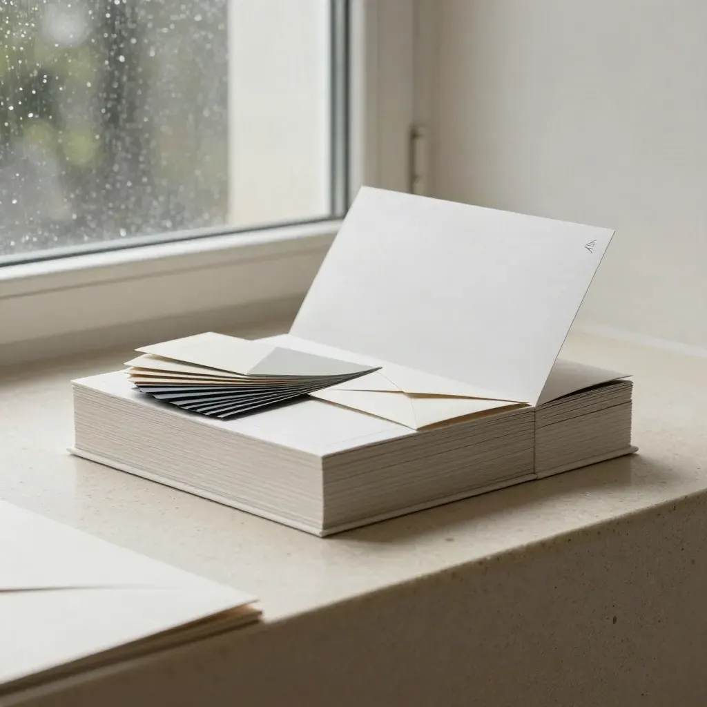 Bonbonneutrale Identity-Box mit Musterkarten, Fächer, Manual und Kuvert auf hellem Stein.