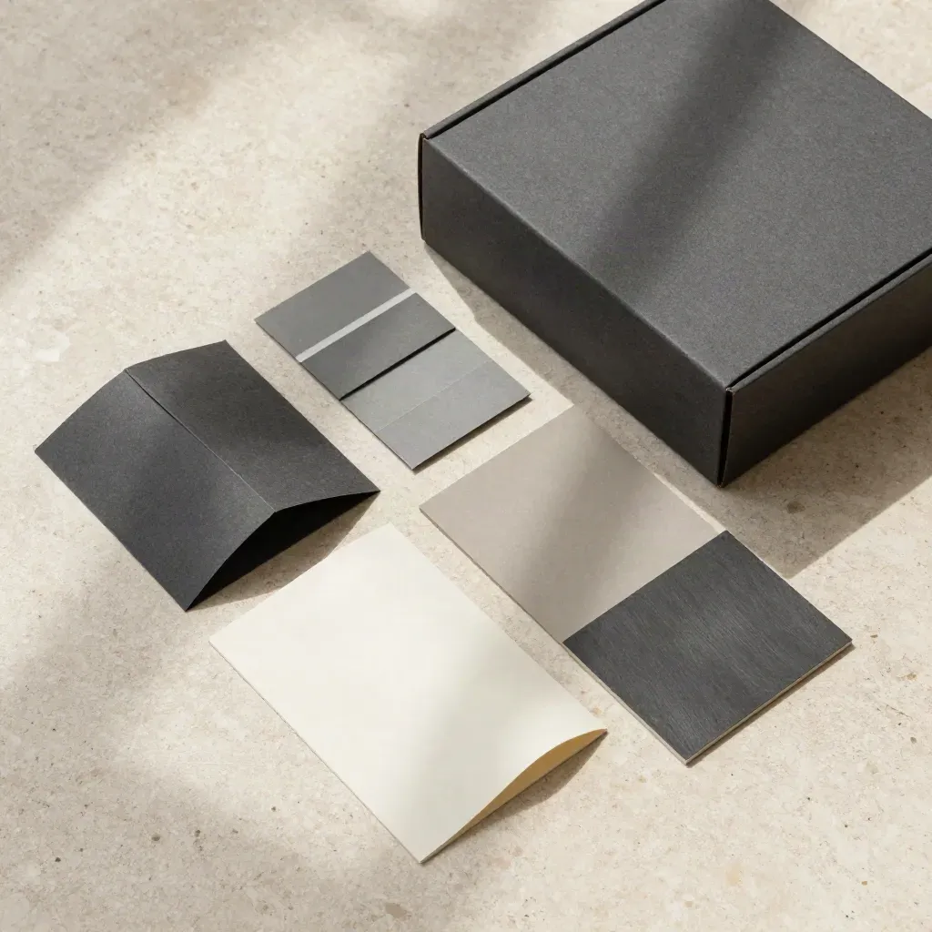 Packaging-Set mit Schachtelmodellen, Hüllen und Materialboard auf Travertin.