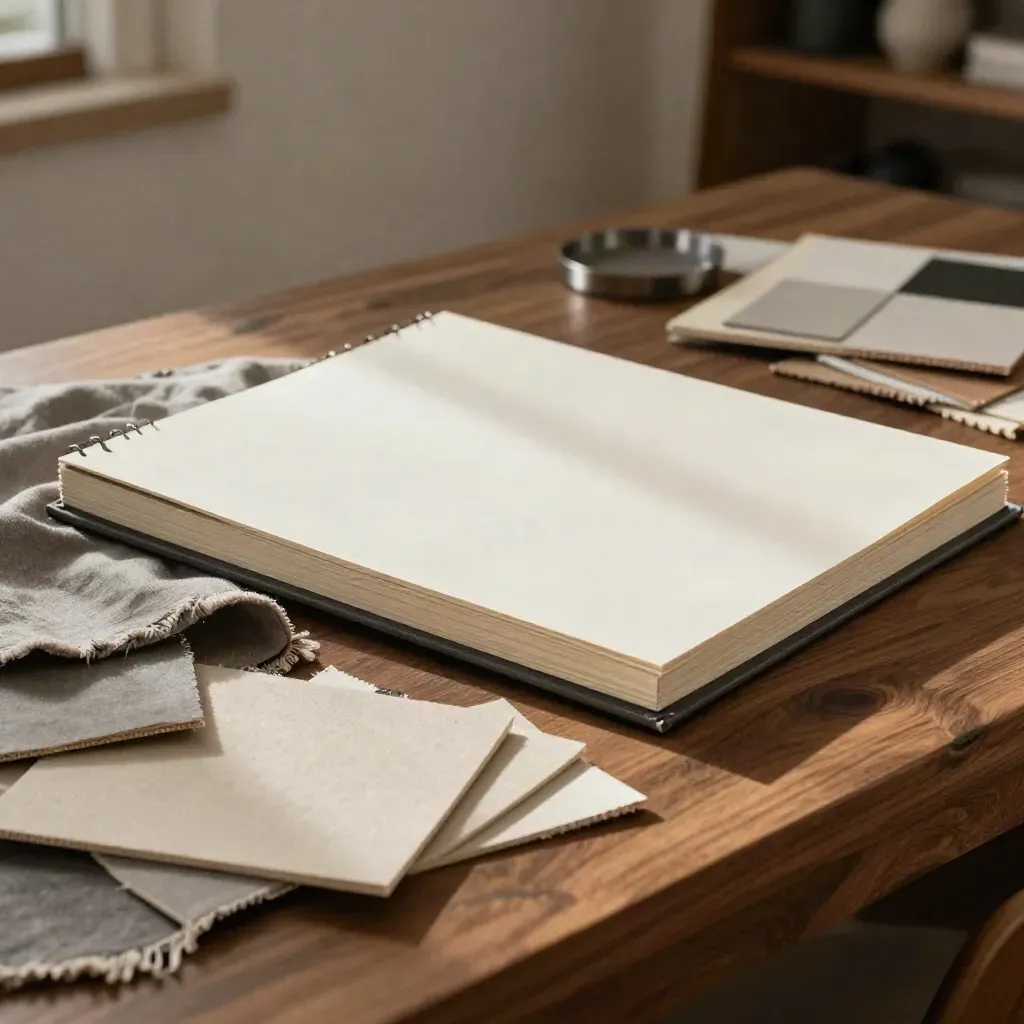 Art-Direction-Kit mit Moodboards, Stoffmustern und Musterordner auf warmem Holztisch.
