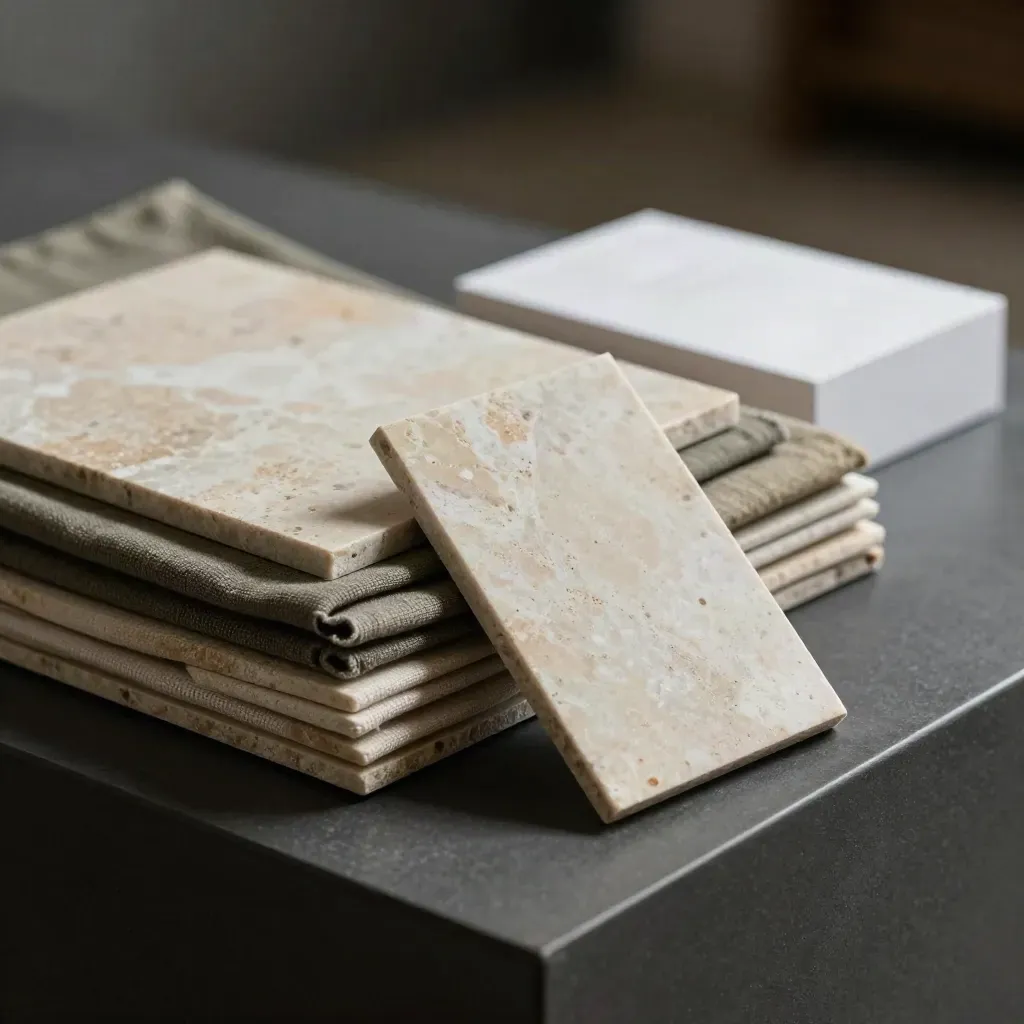 Dramatisches Raumstyling-Set mit Steinmustern, Stoffproben und weißer Referenzbox.