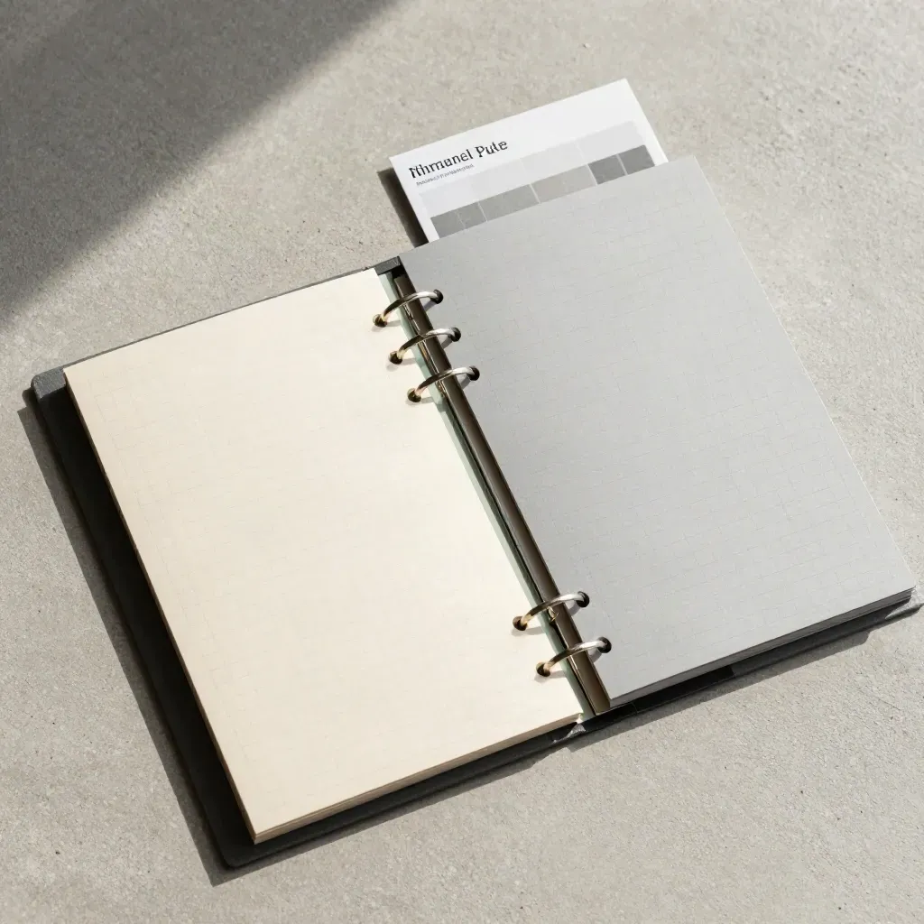 Typografie-Regelset mit Rasterkarten, Abstandsleisten und schmalem Binder auf hellem Beton.