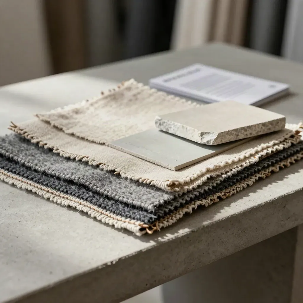 Makro von Textilswatches, Farbchips und Steinprobe auf hellem Beton, ruhige Studioästhetik