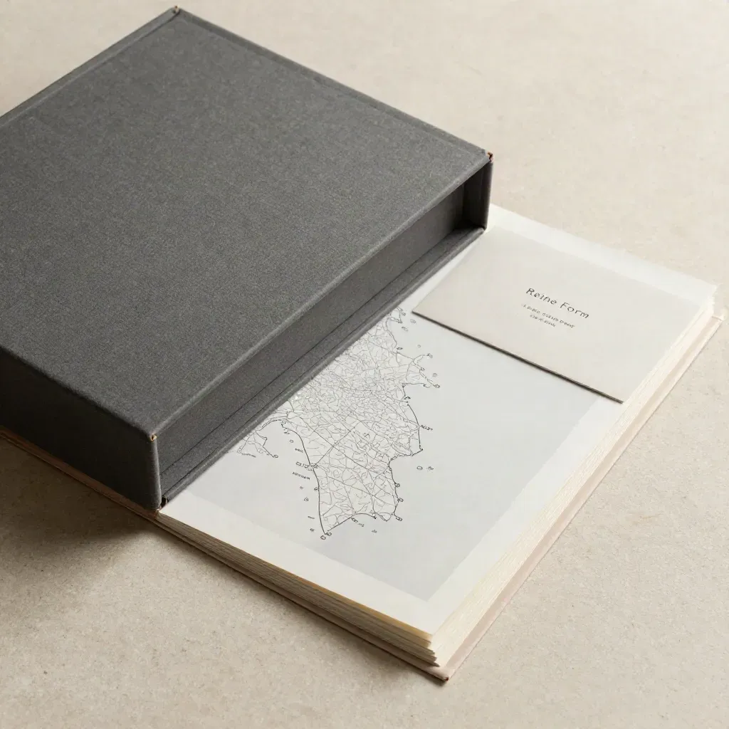 Graue Launch-Mappe mit Druckmustern und Karte in edlem Material-Makro.