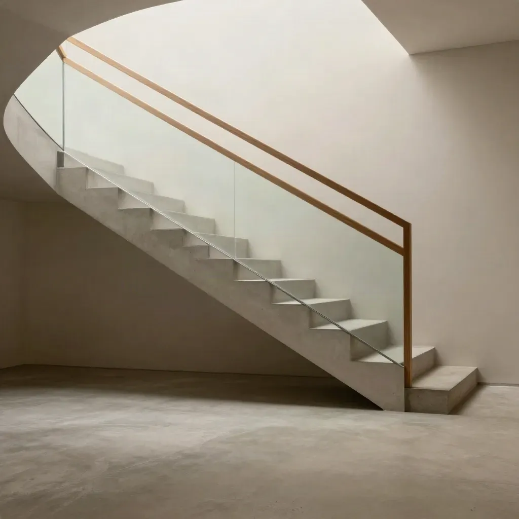 Helle Betontreppe mit Holzhandlauf und milchigem Glas, ruhige Architektur im warmen Licht.