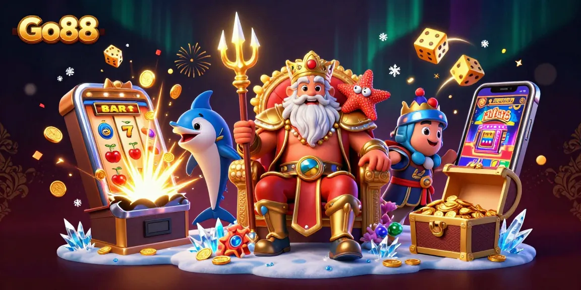 Experience the thrill of winning with Go88 at this vibrant 3D casino scene featuring Neptune and a jackpot explosion.