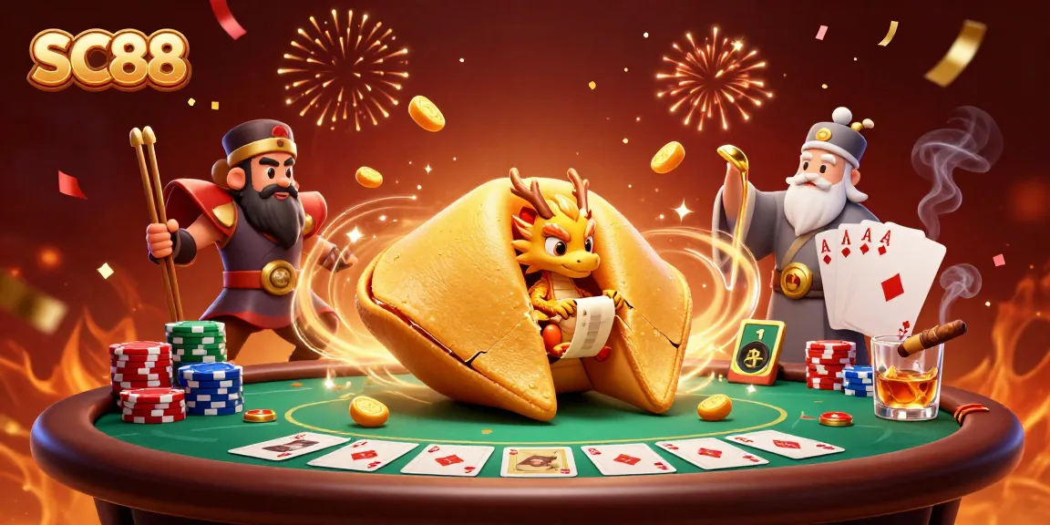 Engage with SC88's exciting poker scene featuring a golden fortune cookie and dragon reading fortunes.