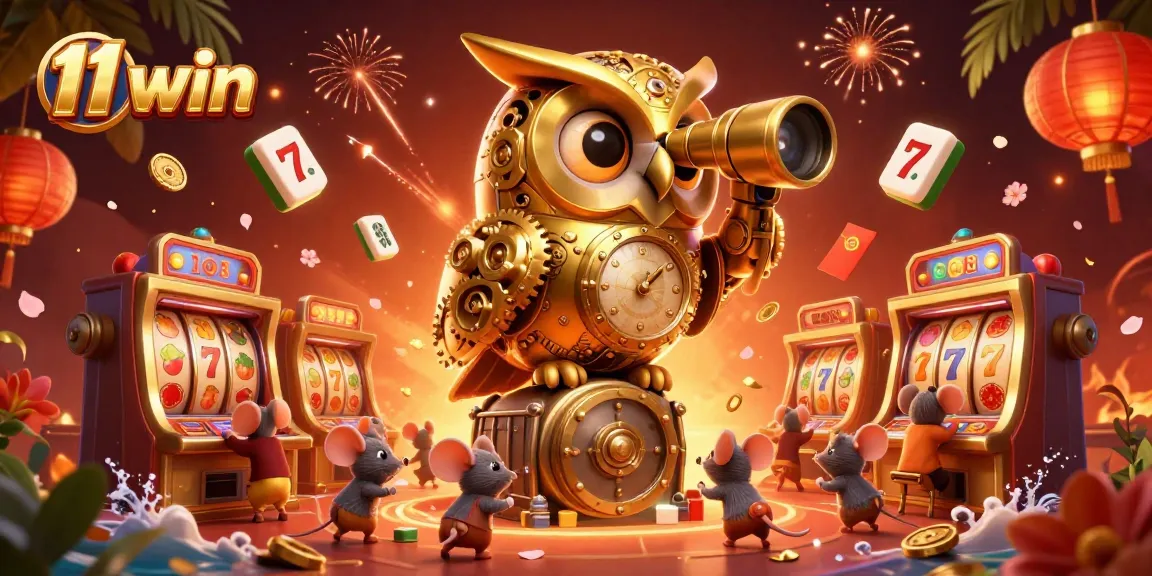 Experience the vibrant thrill of 11 win in a packed casino scene filled with cartoon characters and gaming elements.
