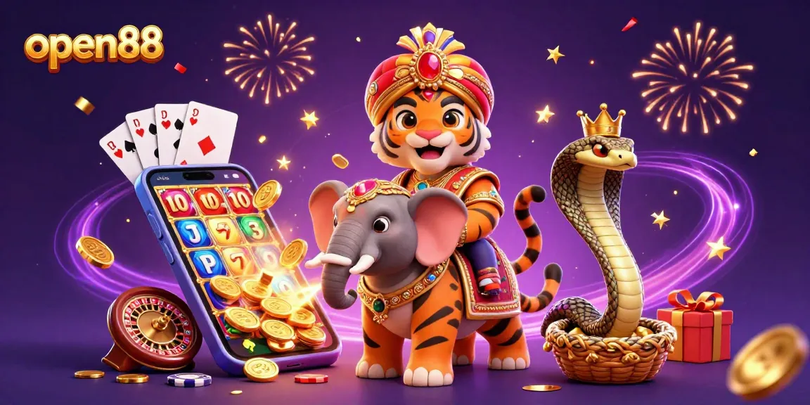 Experience thrilling gaming action at open88 with a vibrant 3D casino illustration.