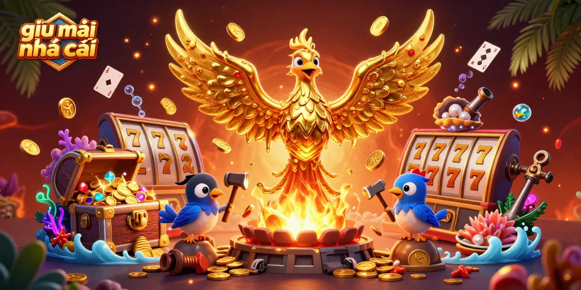 Engage with giải mã nhà cái through a vibrant 3D scene featuring a golden phoenix and exciting casino elements.