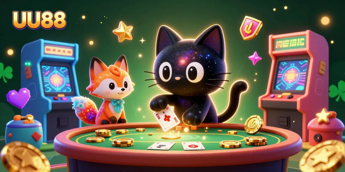 Engage with UU88's cosmic casino table featuring a black hole cat and nebula fox pulling in golden chips.