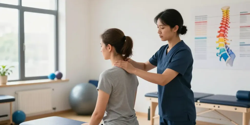 Nackenschmerzen-Behandlung in der Physiotherapie mit zertifiziertem Therapeuten, der Übungen zeigt.