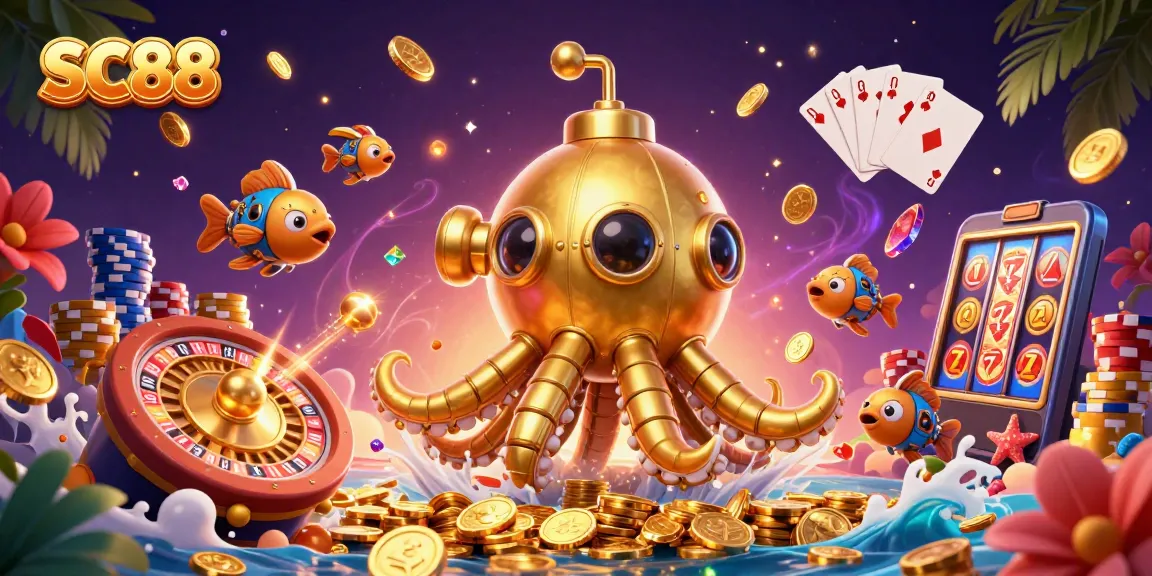 Experience SC88's thrilling casino world with a dynamic kraken submarine surrounded by golden elements.