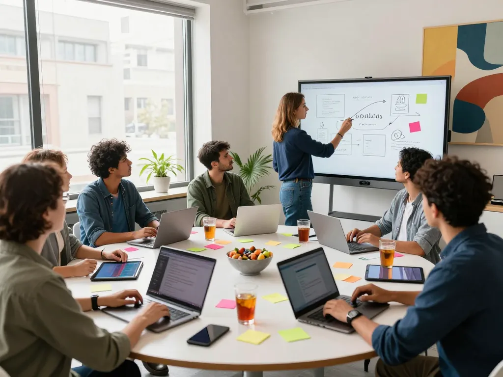 Group of professionals collaborating on Crush on AI at a vibrant tech workspace.