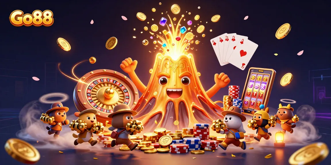 Go88 engages players with a vibrant casino scene featuring a golden volcano and dynamic game elements.