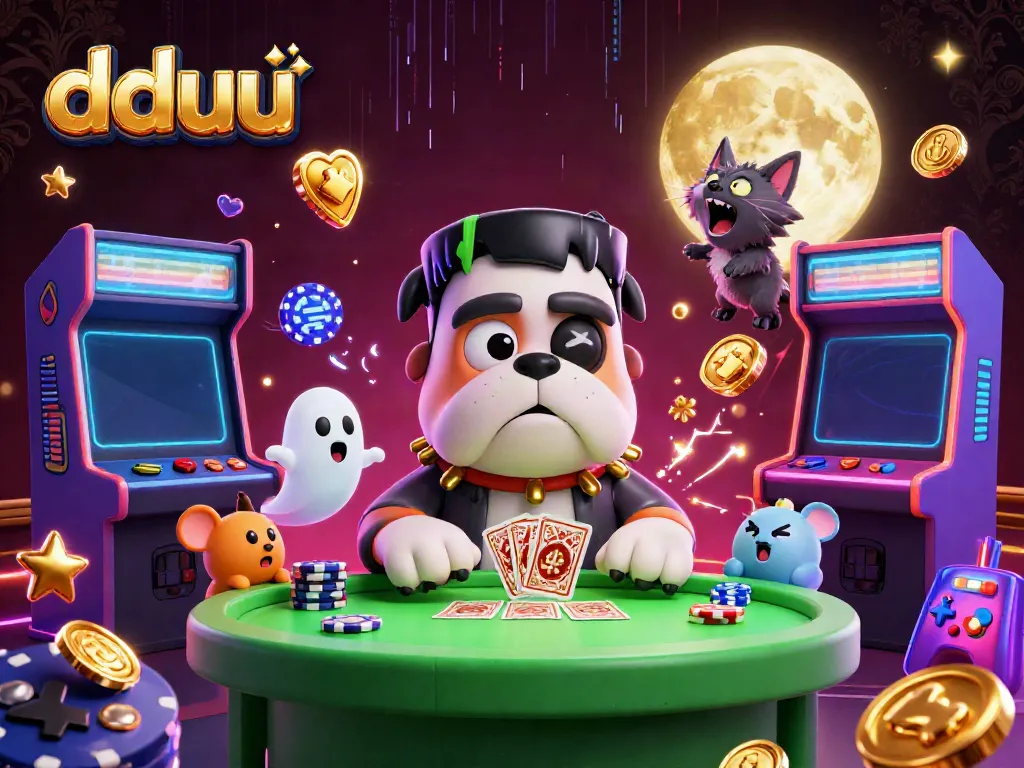 Join the lively adventure at dduu with a bulldog dealer and mystical characters around a casino table.