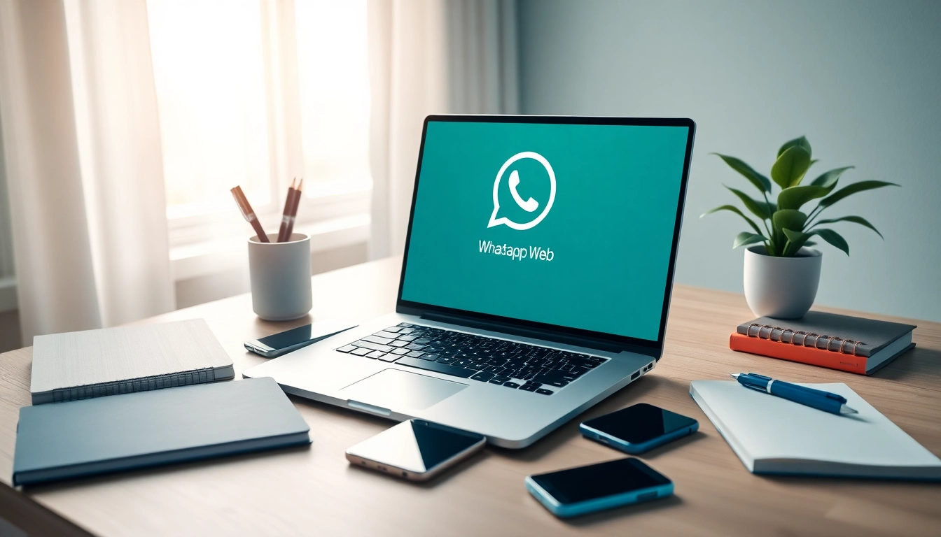 Efficient workspace with WhatsApp网页版 on laptop, showcasing professional communication.