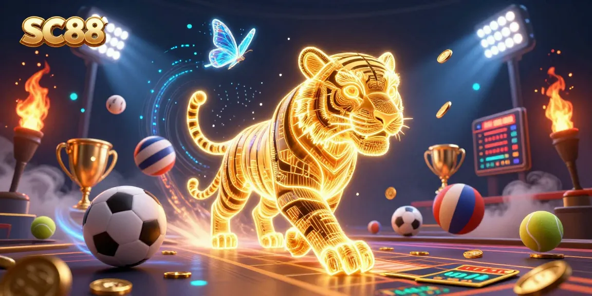 Experience SC88 with a neon-wireframe tiger and dynamic sports elements in a vibrant digital landscape.