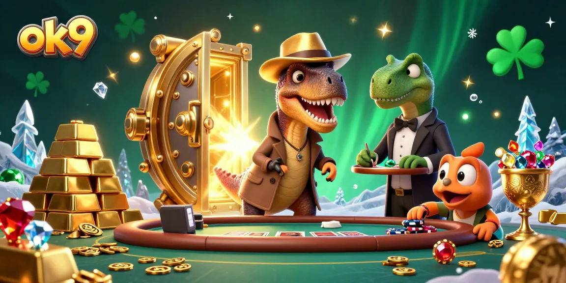 Experience thrilling bets at ok9 casino with a 3D velociraptor counter and gem-filled vault.