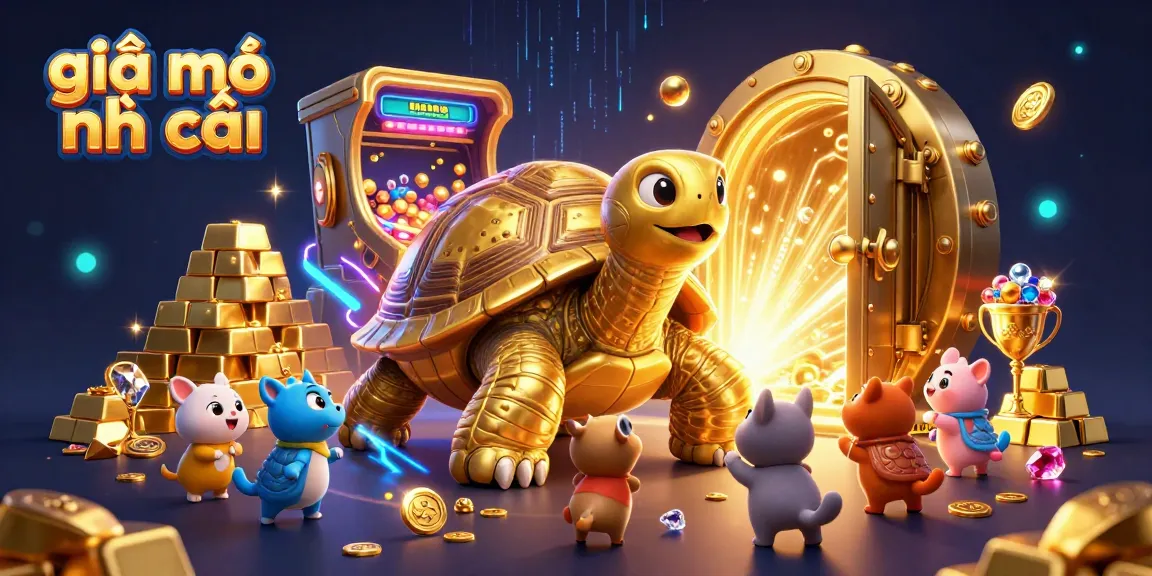 Experience the excitement of giải mã nhà cái with a whimsical golden tortoise and vibrant treasure elements.