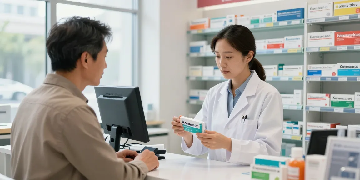 Pharmacist and customer discussing kamagra kaufen schweiz options in a well-organized pharmacy setting.
