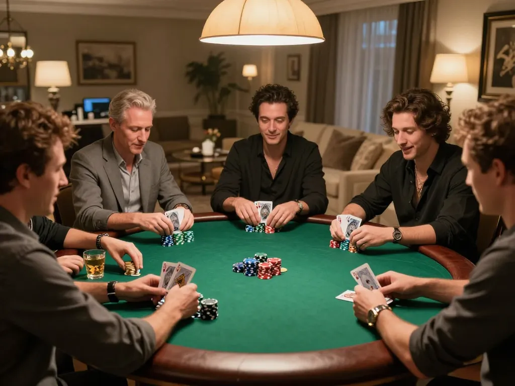 Friends enjoy poker night with 23win chips visible, showcasing friendly competition and strategy.