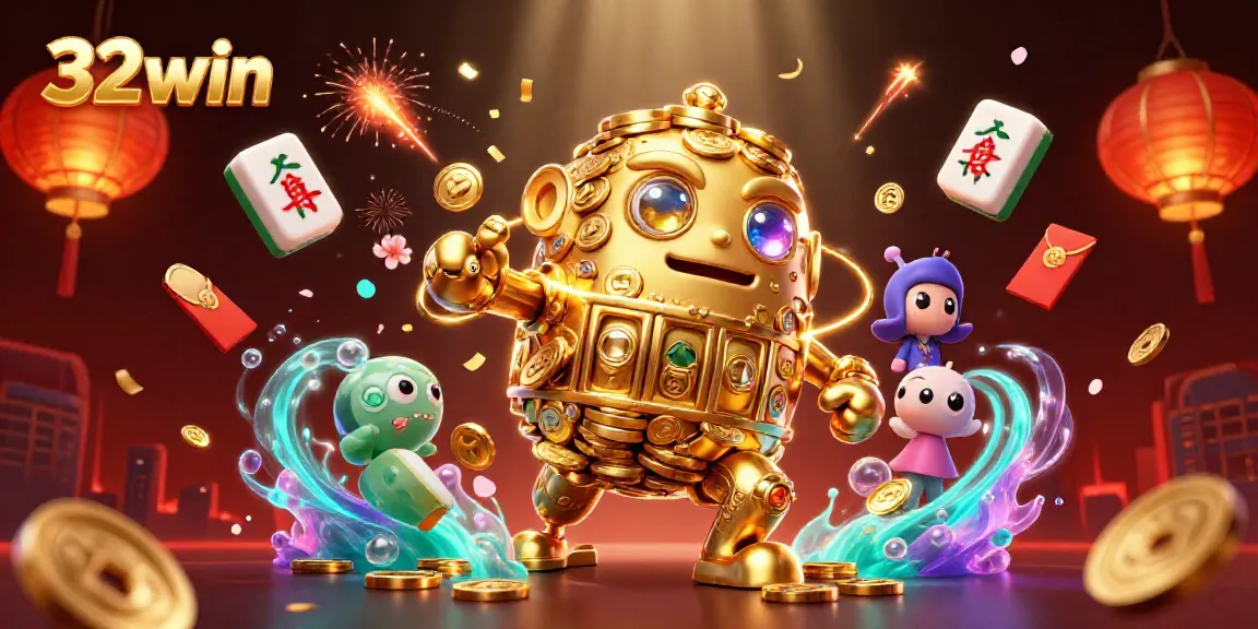 Experience the excitement of 32win in this vibrant 3D casino scene filled with gold coins and festive elements.