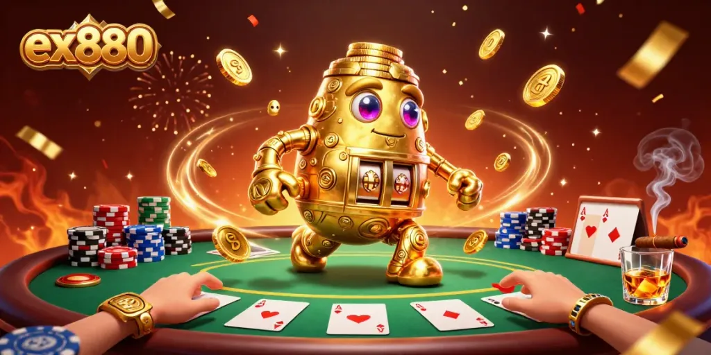 Showcase your excitement at ex880 with a dynamic game scene featuring the golden golem and poker elements.