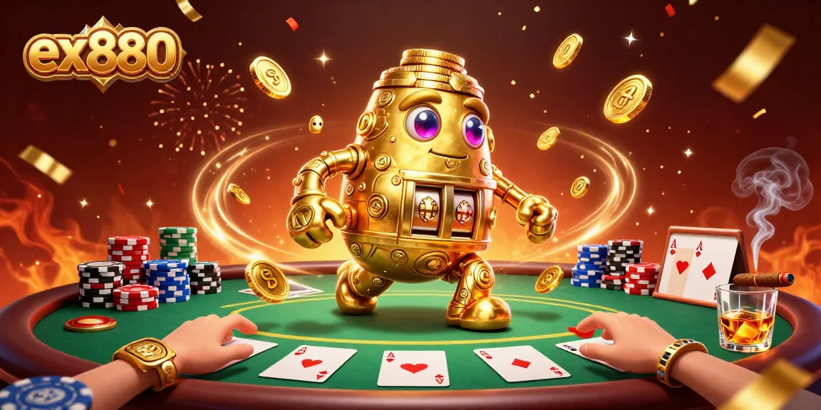Showcase your excitement at ex880 with a dynamic game scene featuring the golden golem and poker elements.