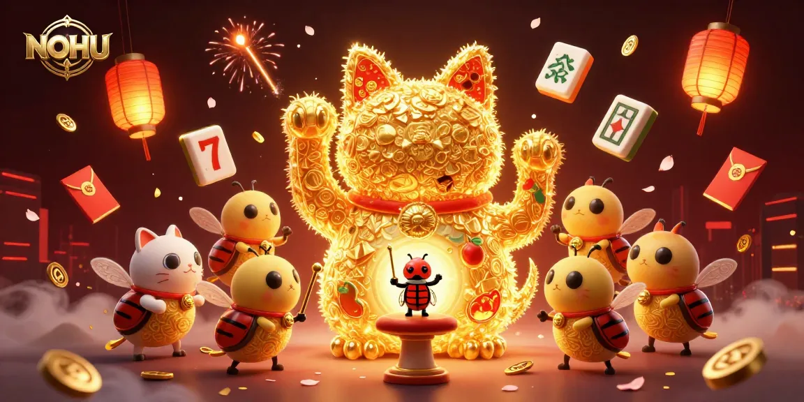 Win big with NOHU's vibrant 3D illustration showcasing a dynamic lucky cat and slot symbols.