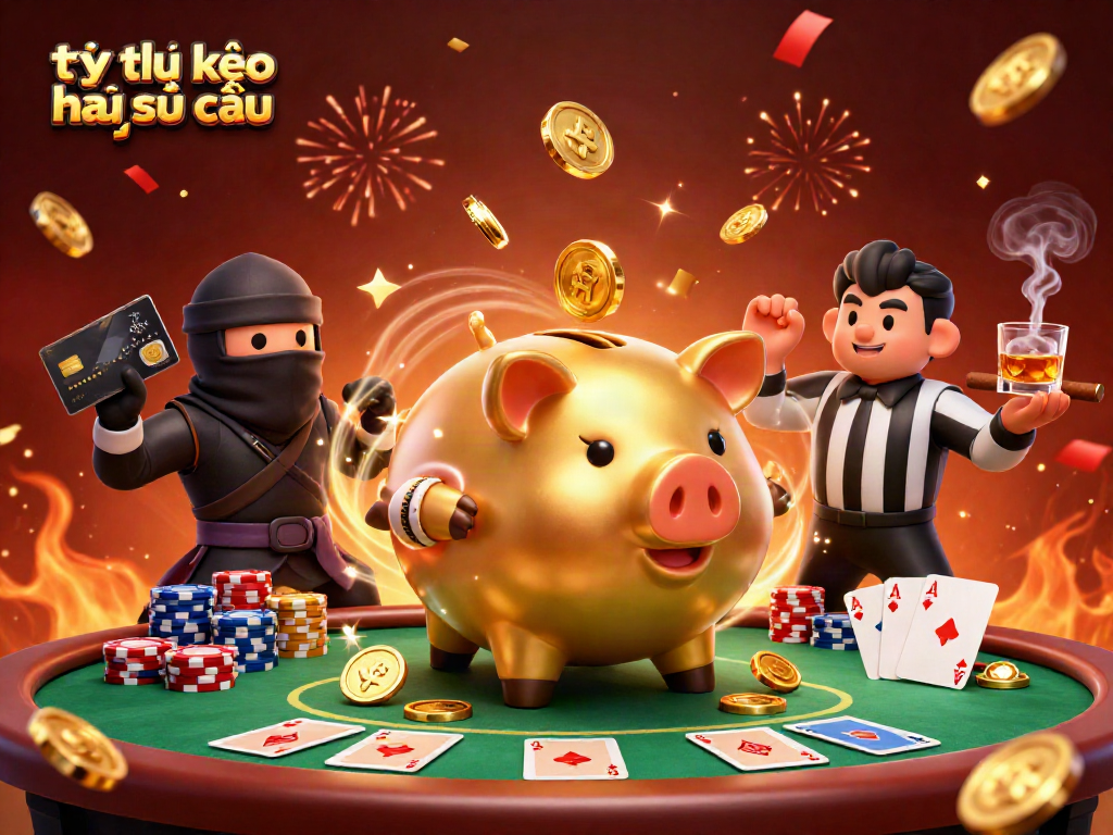 Engage with tỷ lệ kèo nhà cái featuring a dynamic piggy bank sumo wrestler amidst colorful poker elements and a celebratory background.