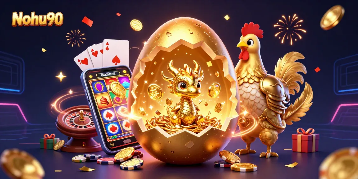 Nohu90 offers vibrant gaming excitement with a golden dragon, poker chips, and thrilling slot activities.