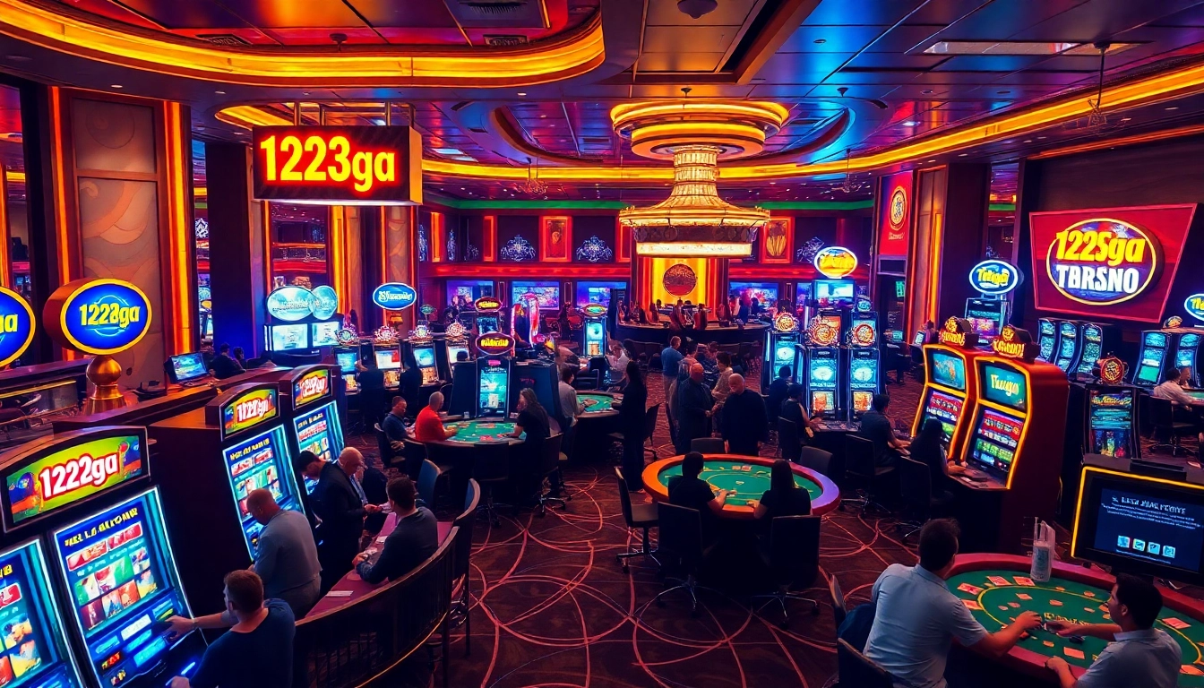 Experience the thrill of betting at 123ga with vibrant casino lights and players engaged in games.