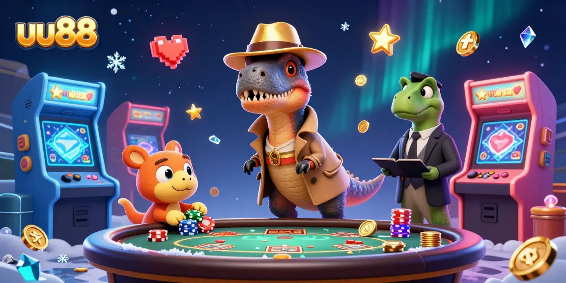 uu88 cartoon velociraptor sneaking at a blackjack table while the stegosaurus pit boss watches closely.